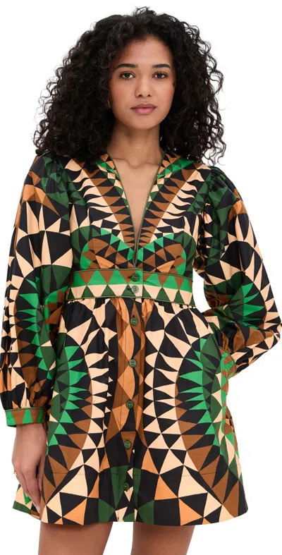 Farm Rio Green Heart Deco Puff Sleeve Organic Cotton Mini Dress In Multi