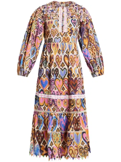 Farm Rio Heart-print Midi Dress In Neutrals