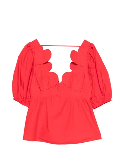 Farm Rio Heart Puff-sleeve Blouse In Red