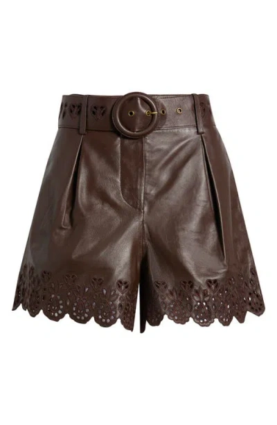 Farm Rio Hearts Cutout Belted Leather Shorts In Brown