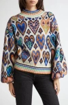 FARM RIO FARM RIO HEARTS IKAT BALLOON SLEEVE SWEATER