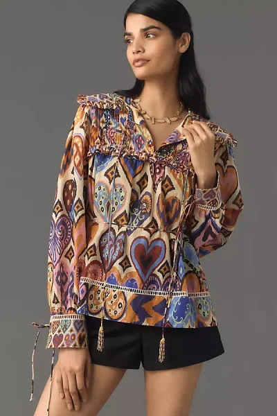 Farm Rio Hearts Ikat Cream Blouse In Multicolor