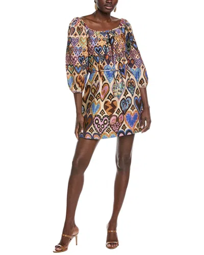 Farm Rio Hearts Ikat Cream Square Neckline Linen Mini Dress In Multi