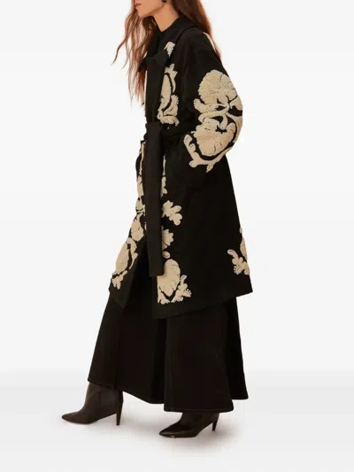 Farm Rio Helen Floral-embroidered Belted Coat In Black