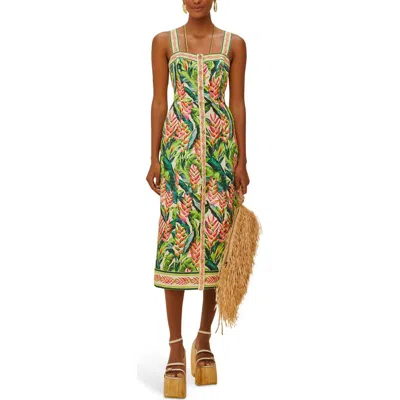 Farm Rio Heli Leaves Button Front Linen Midi Dress