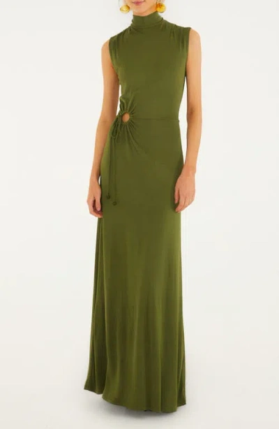 Farm Rio Dark Green High Neck Cut-out Maxi Dress