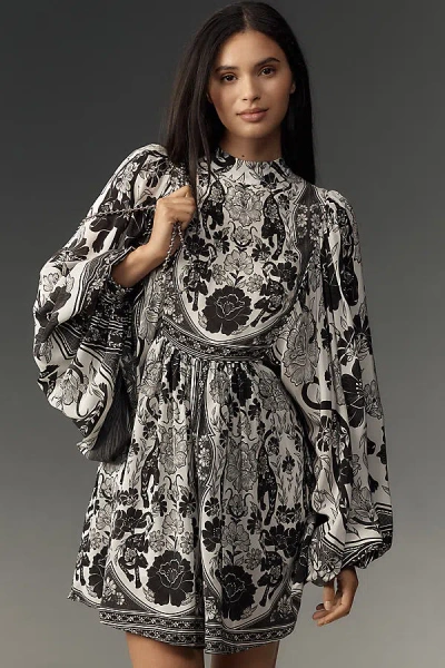 FARM RIO HIGH-NECK LONG-SLEEVE MINI DRESS