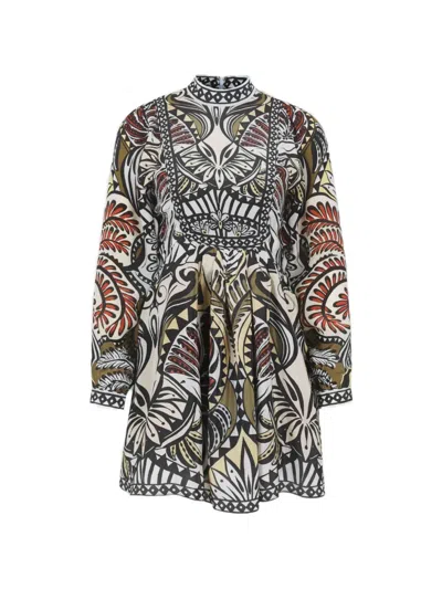 Farm Rio Long Sleeve High Neck Flared Skirt Mini Dress In Multicolor