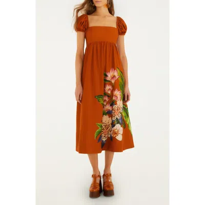 Farm Rio Hilo Arrangement Linen Blend Midi Dress In Brown