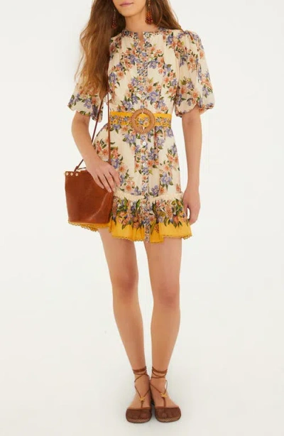 Farm Rio Sand Hilo Belted Short-sleeve Mini Dress In Neutral