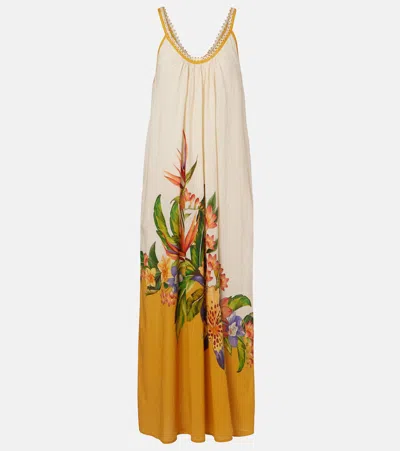 Farm Rio Hilo Stripes Beaded Floral Cotton Maxi Dress In Multi