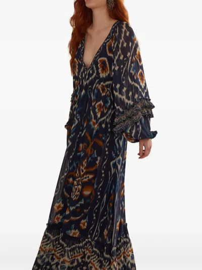 Farm Rio Ikat-pattern Ruffled Maxi Dress In Multi