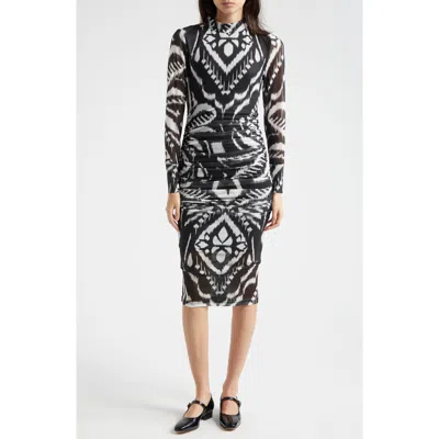 Farm Rio Ikat Print Long Sleeve Midi Dress In Black