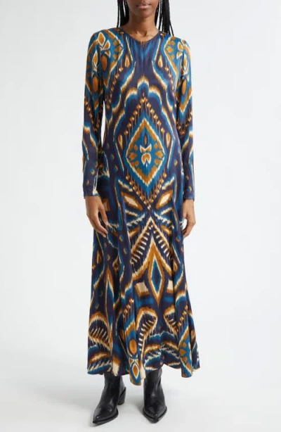 Farm Rio Ikat Print Long Sleeve Satin Maxi Dress In Pineapple Ikat Blue