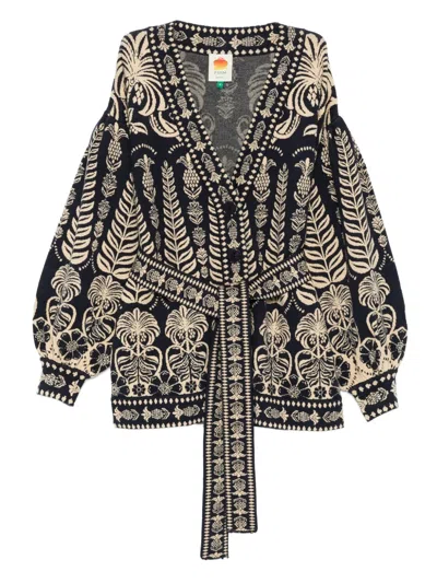 Farm Rio Intarsia-knit Floral Cardigan In Blue