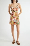 Farm Rio Into The Jungle Print Linen Blend Wrap Minidress In Pink