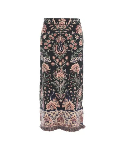 FARM RIO INTRICATELY PATTERNED MIDI SKIRT WITH FRINGE TRIM