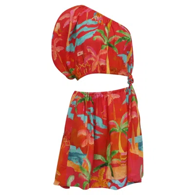 Farm Rio Ipanema One Shoulder Mini Dress In Red Linen