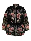 Farm Rio Padded Velvet Jacket With Floral And Bird Embroidery In Black