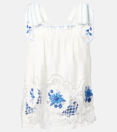 Farm Rio Daisy Embroidered Linen-blend Gauze And Lace Top In White