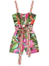 Farm Rio Jardin De Reve Multicolor Jumpsuit With Waist Waist Belt And All-over Floral Print In Linen Blend Wo In Green