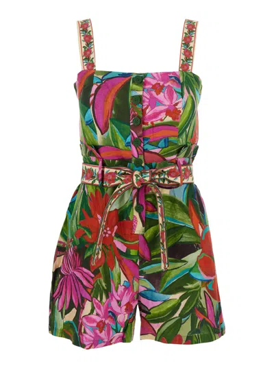 Farm Rio Jardin De Reve Multicolor Jumpsuit With Waist Waist Belt And All-over Floral Print In Linen Blend Wo