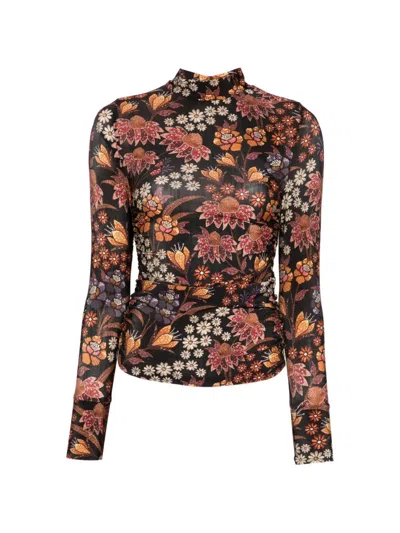 Farm Rio Floral-print Long-sleeve T-shirt In Black