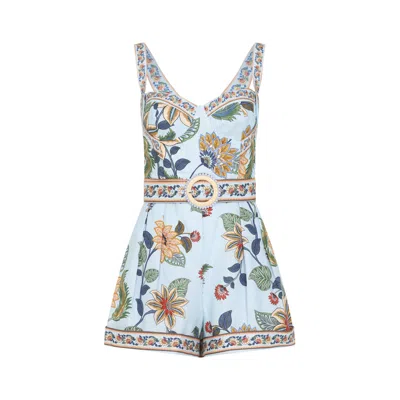 Farm Rio Delhi Floral Belted Linen Romper In Multi