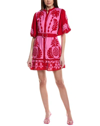Farm Rio Jungle Scarf Cutwork Linen-blend Mini Dress In Red