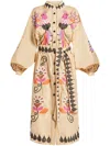 FARM RIO KHAKI FLOWER BIRD EMBROIDERED MIDI DRESS