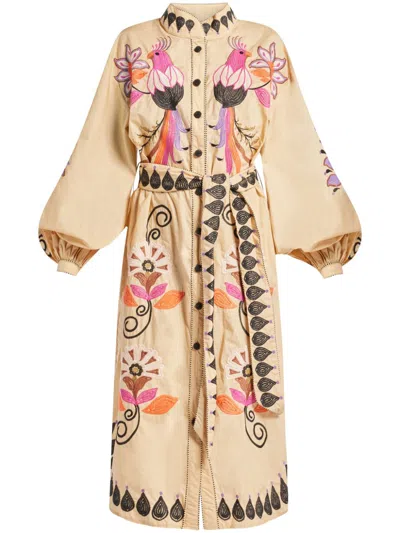 Farm Rio Khaki Flower Bird Embroidered Midi Dress In Brown
