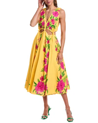Farm Rio Knotted Cutout Waist Linen-blend Midi Dress In Yellow
