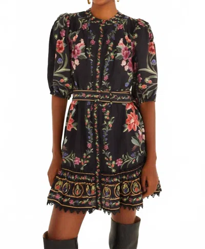 Farm Rio Lace Belted Mini Dress In Belle Garden Black