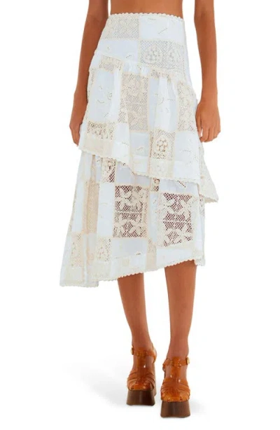 Farm Rio Lace Detail Tiered Asymmetric Cotton Skirt In White