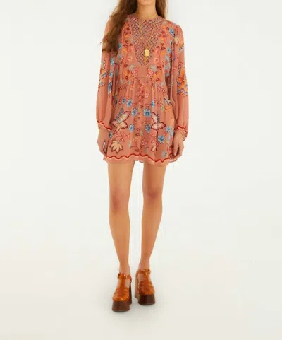 Farm Rio Lace Long Sleeve Blouse Dress In Boho Enchance Mocha In Multi