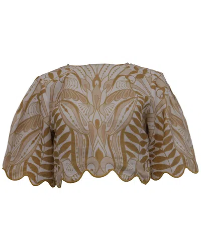 Farm Rio Lace Nature Scallop-trimmed Crop Blouse In Brown
