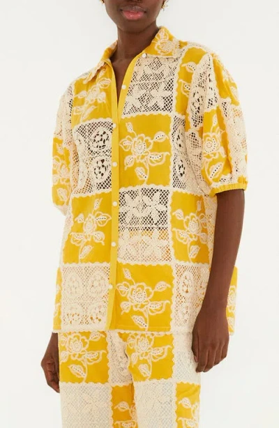 Farm Rio Lace Patchwork Cotton Button-up Shirt In Yellow