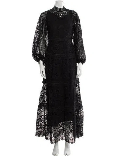 Pre-owned Farm Rio Lace Pattern Long Dress In Black