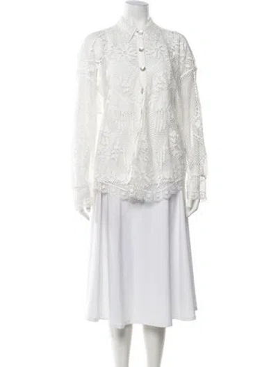Pre-owned Farm Rio Lace Pattern Long Sleeve Blouse In White
