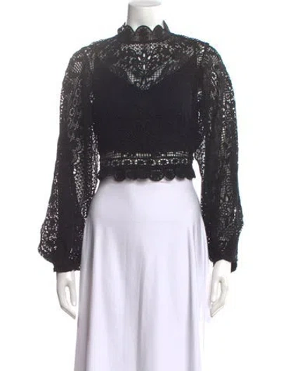 Pre-owned Farm Rio Lace Pattern Mock Neck Crop Top In Black