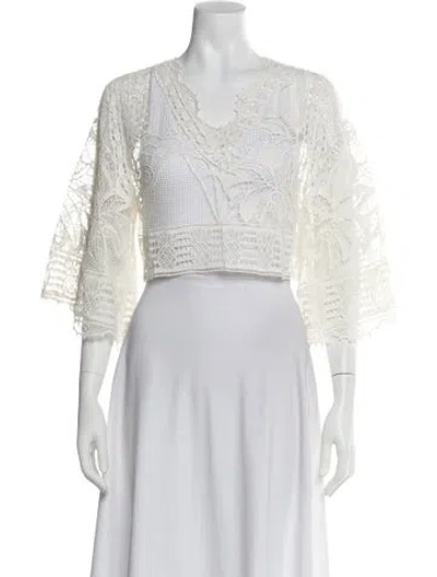 Pre-owned Farm Rio Lace Pattern V-neck Top In White