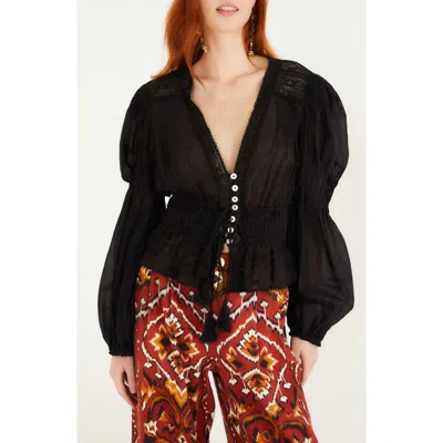 Farm Rio Lace Puff Sleeve Top In Black