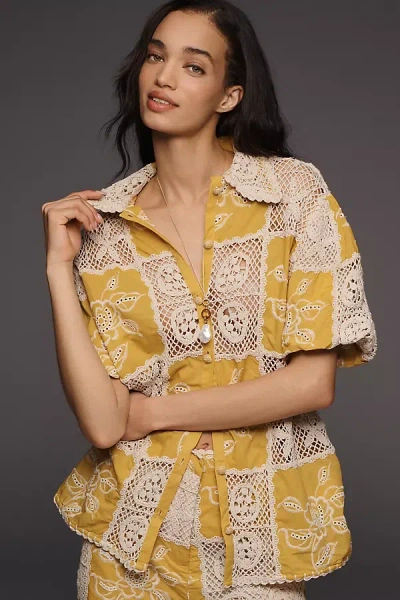 Farm Rio Lace Short-sleeve Buttondown Top In Yellow