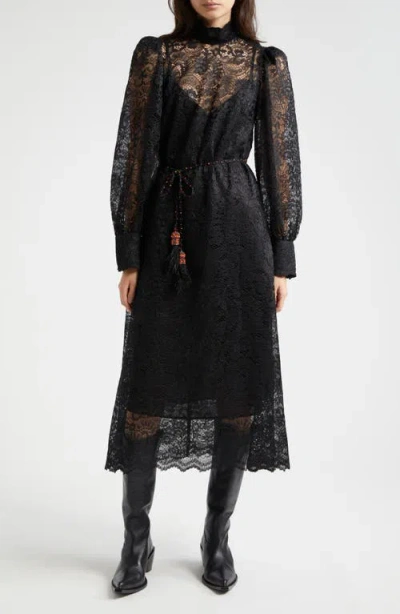 Farm Rio Lace Tie Belt Long Sleeve Dress In Black