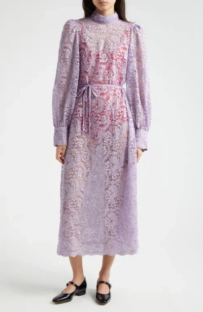 Farm Rio Lace Tie Belt Long Sleeve Dress In Lilac