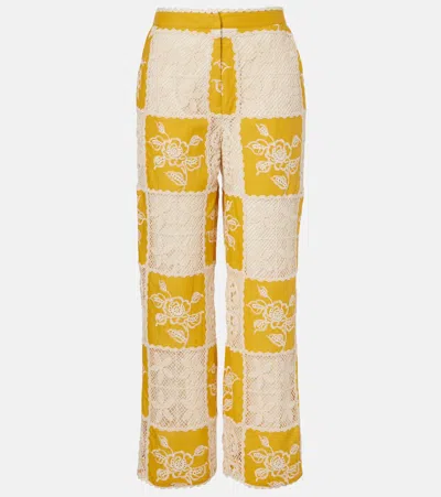 Farm Rio Lace-trimmed Cotton Straight Pants In Yellow