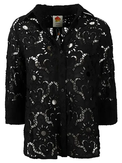 Farm Rio Seashell Broderie Anglaise Cotton Shirt In Black