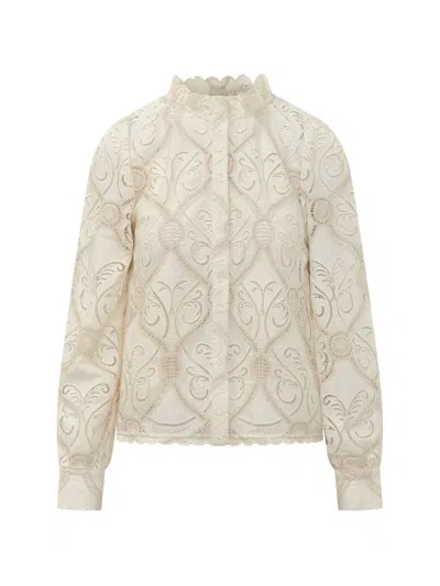 Farm Rio Lace-embroidered Scalloped-edge Blouse In Neutral