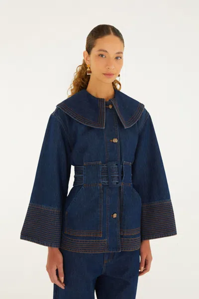 Farm Rio Lapel Belted Denim Trench Coat In Blue
