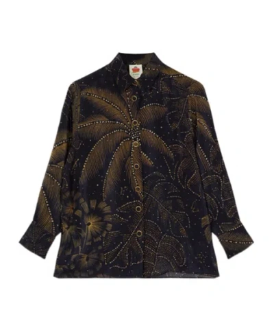 Farm Rio Lapel Long Sleeve Shirt In Black